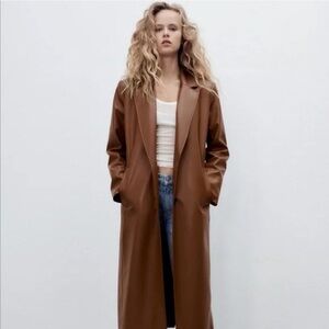 Zara Cognac Faux Leather Long Coat, minimalist Trench NWOT